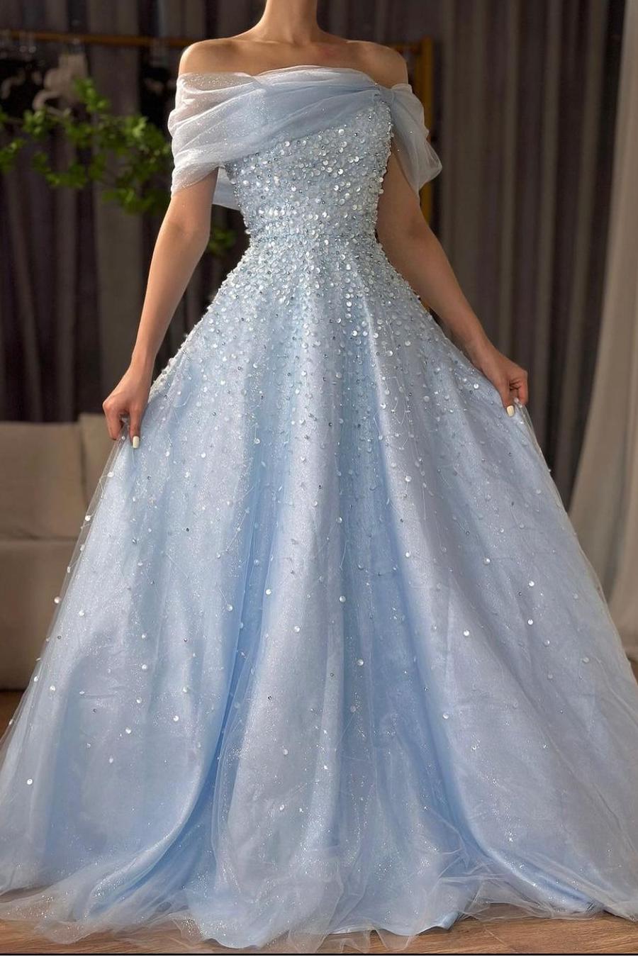 Lvs&Broner Off the Shoulder Sleeveless Long Prom Dress With Beading Tulle