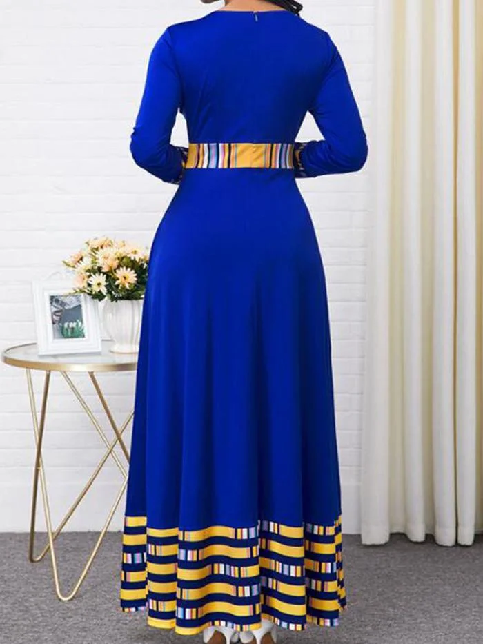 Round Neck High Waist Contrast Stitching Large Hem Dress
