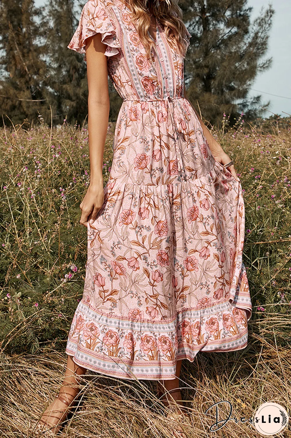 Casual Print Split Joint V Neck Cake Skirt Dresses