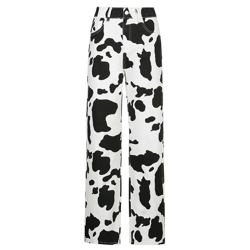 HEYounGIRL Casual Cow Print Denim Trousers Women Summer High Waist Jeans Pants Capris Ladies Hip Hop Fashion Pocket Streetwear