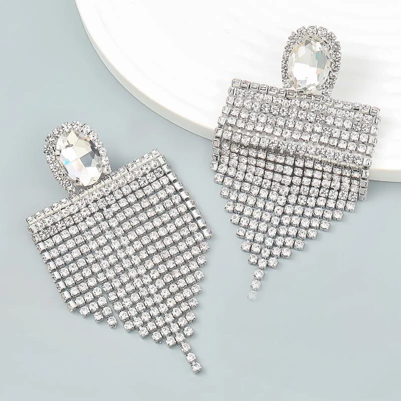 Shiny Rhinestone Tassel Dangle Earrings Women's Evening Dress Jewelry