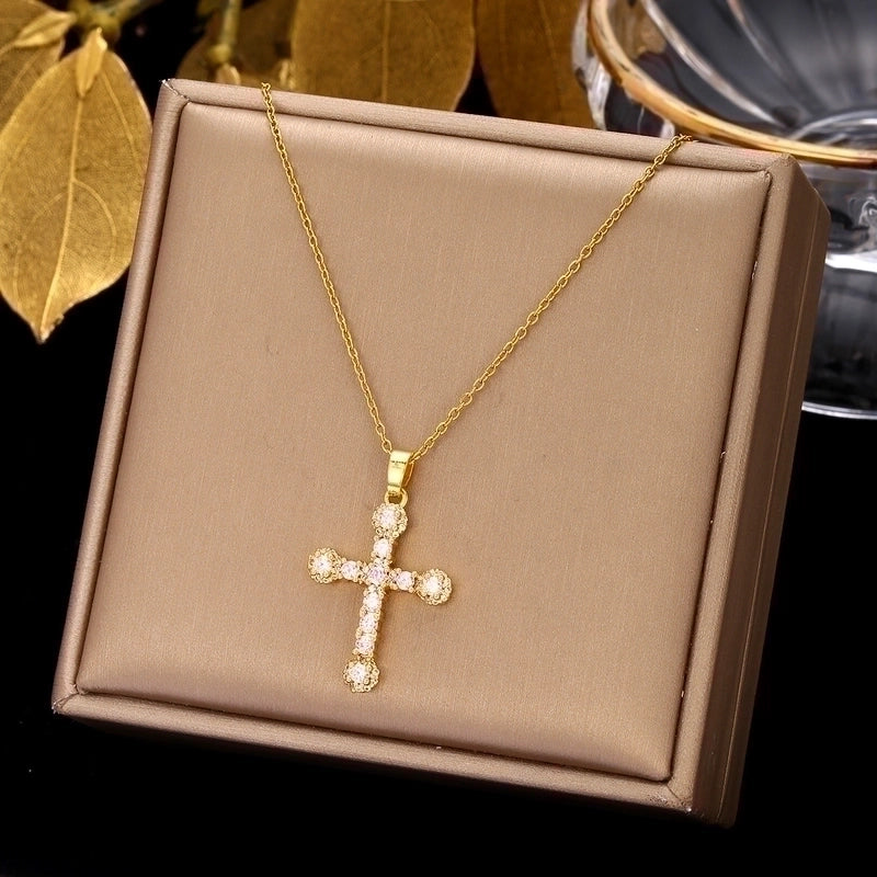 2 Pieces Ethnic Style Cross Stainless Steel Inlay Zircon Pendant Necklace