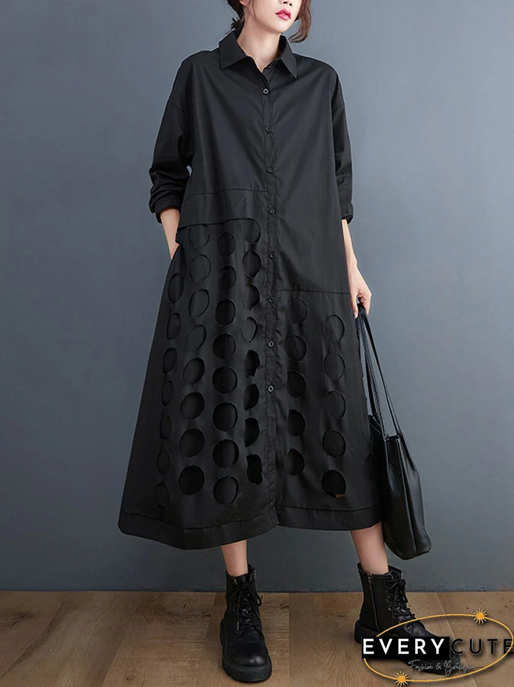 A-Line Long Sleeves Asymmetric Hollow Polka-Dot Solid Color Lapel Midi Dresses