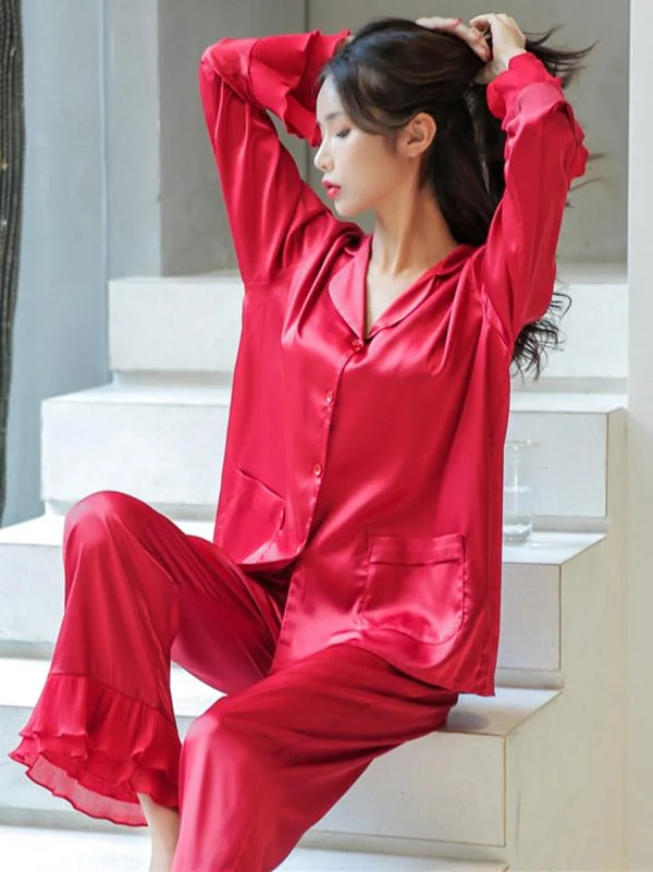 Two-Pieces Pure Color V-Neck Falbala Pajamas