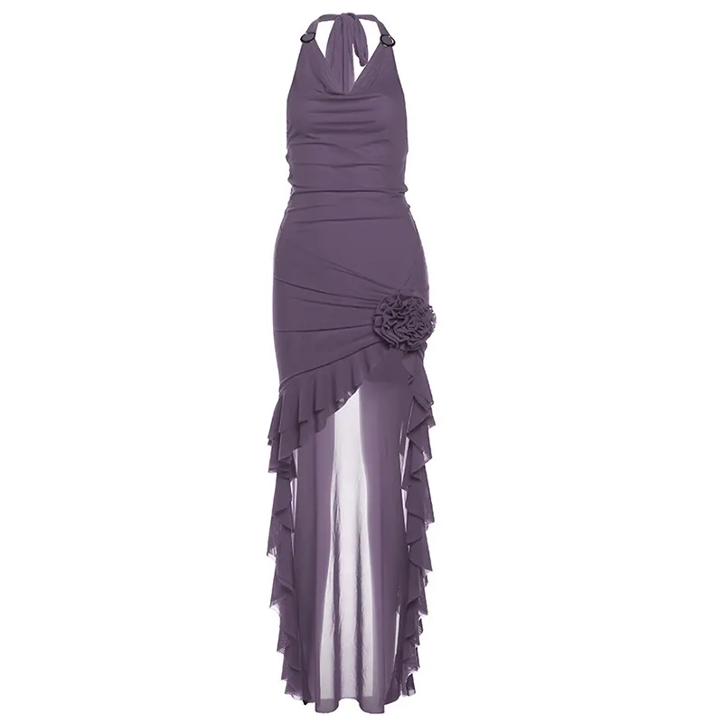 Churchf 2024 Summer New Women's Solid Color Sexy Hottie Hanging Neck Girded Mesh Dress