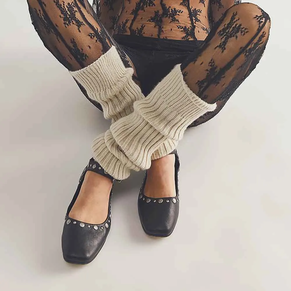Black Square Toe Buckle Studded Mary Jane Flats for Women