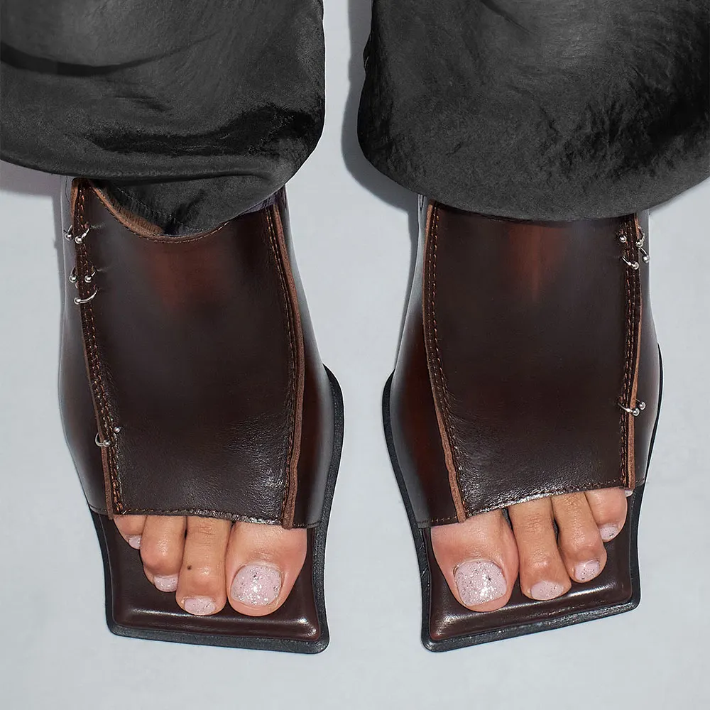 Distressed Brown Wedge Heel Mules Sandals with Silver Piercings