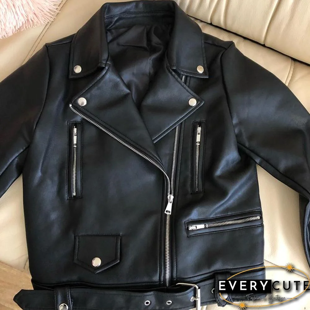 New Women Spring Autumn Black Faux Leather Jackets Zipper Basic Coat Turn-down Collar Motor Biker Jacket With Belt
