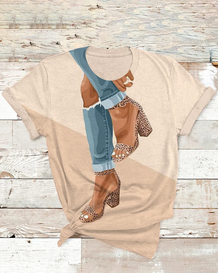 Sexy Leopard High Heels Art Crew Neck Short Sleeve Tshirt