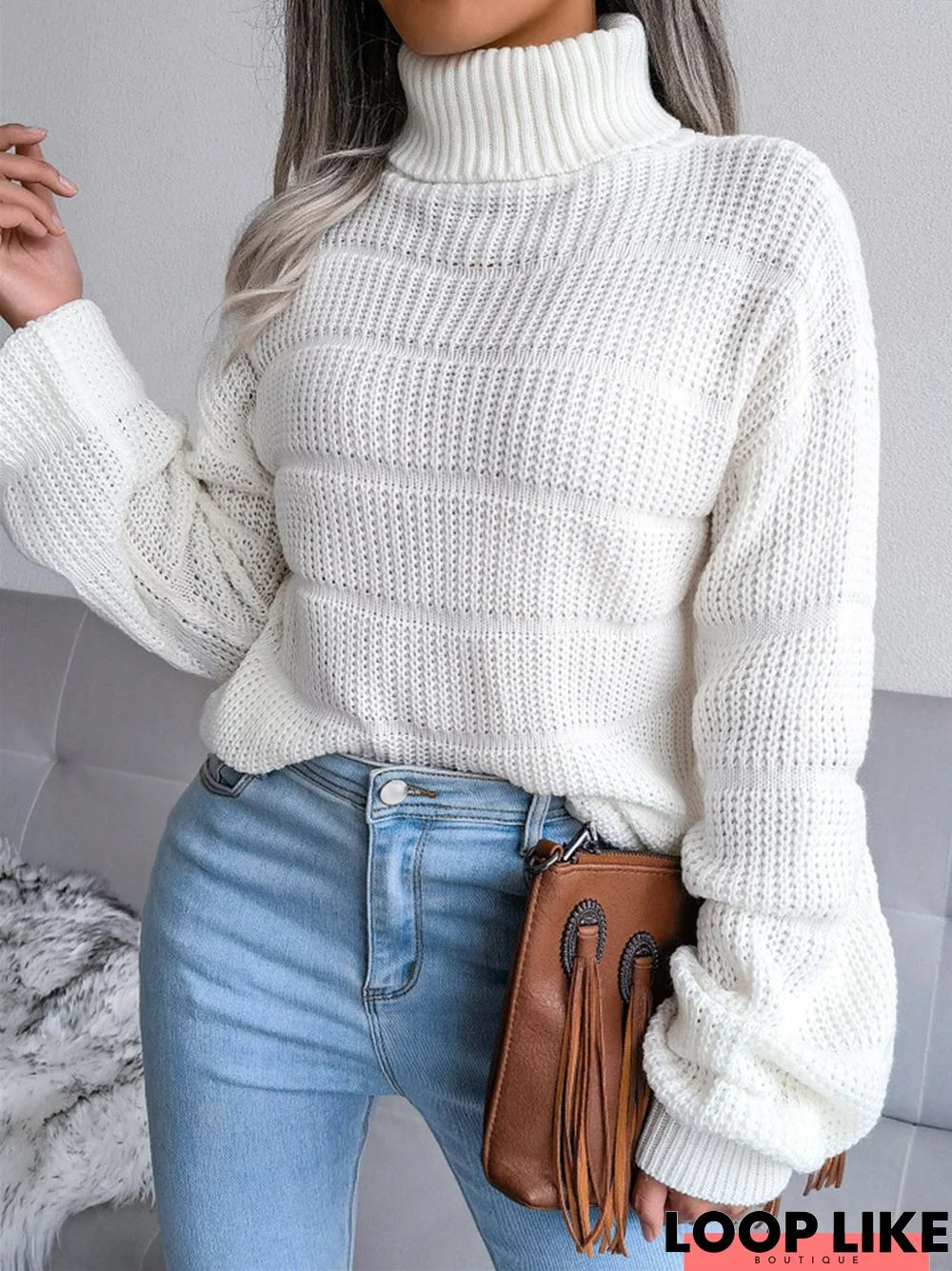Solid Color High Collar Long Sleeve Casual Knitting Sweater