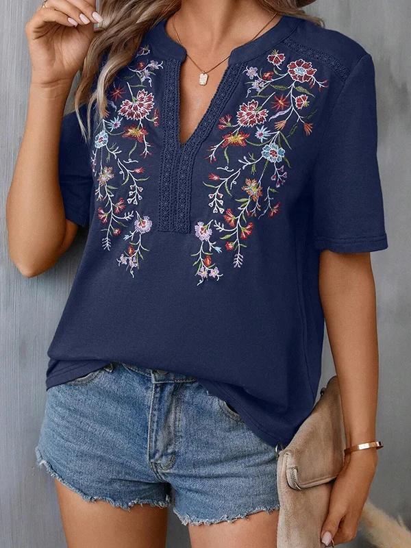 Embroidered Split-Joint Half Sleeves Loose V-Neck T-Shirts Tops