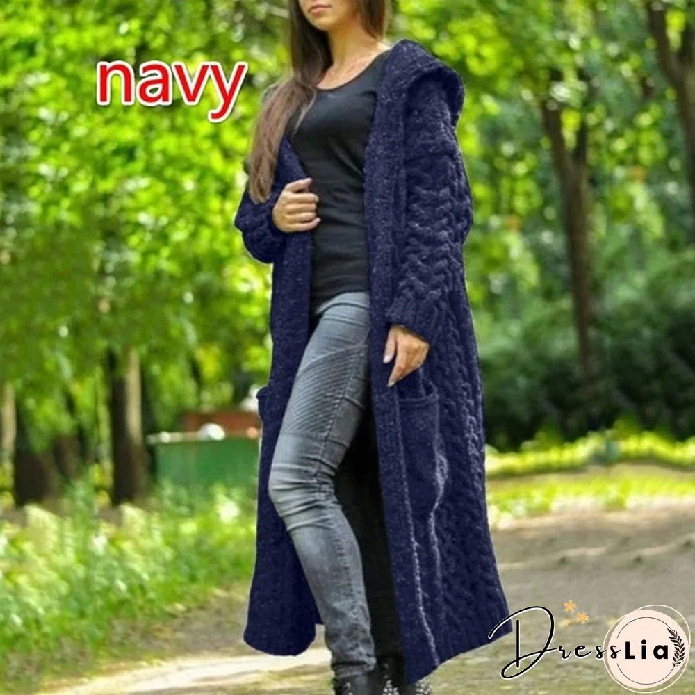 HOT Autumn/Winter Fashion Womens Coat Knit Hooded Sweater Loose Mid-length Casual Streetwear Knitted Cardigan Jackets for Women Outwear vestidos mujer Plus Size casacos de inverno feminino