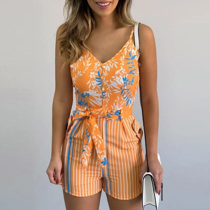 Women Summer Print Jumpsuit With Belt Sleeveless Beach Rompers Bodycon Slim Strap Bodysuit Wide Leg Overalls Playsuit Clothing