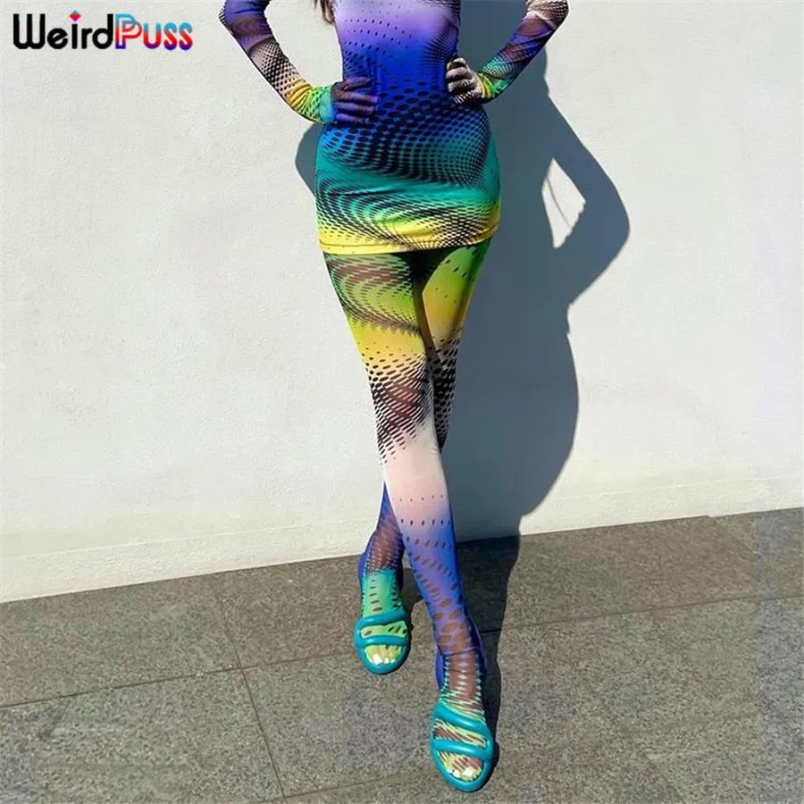 Weird Puss Tie Dye Print Mesh Foot Leggings Women Stretch Body-Shaping Sporty Pants Fashion Casual Streetwear Aesthetic Trousers