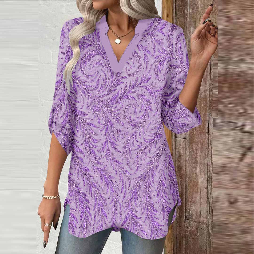 Women Texture, Purple DZGA0393 3/4 Sleeve V-neck Printed Graphic Button Tops