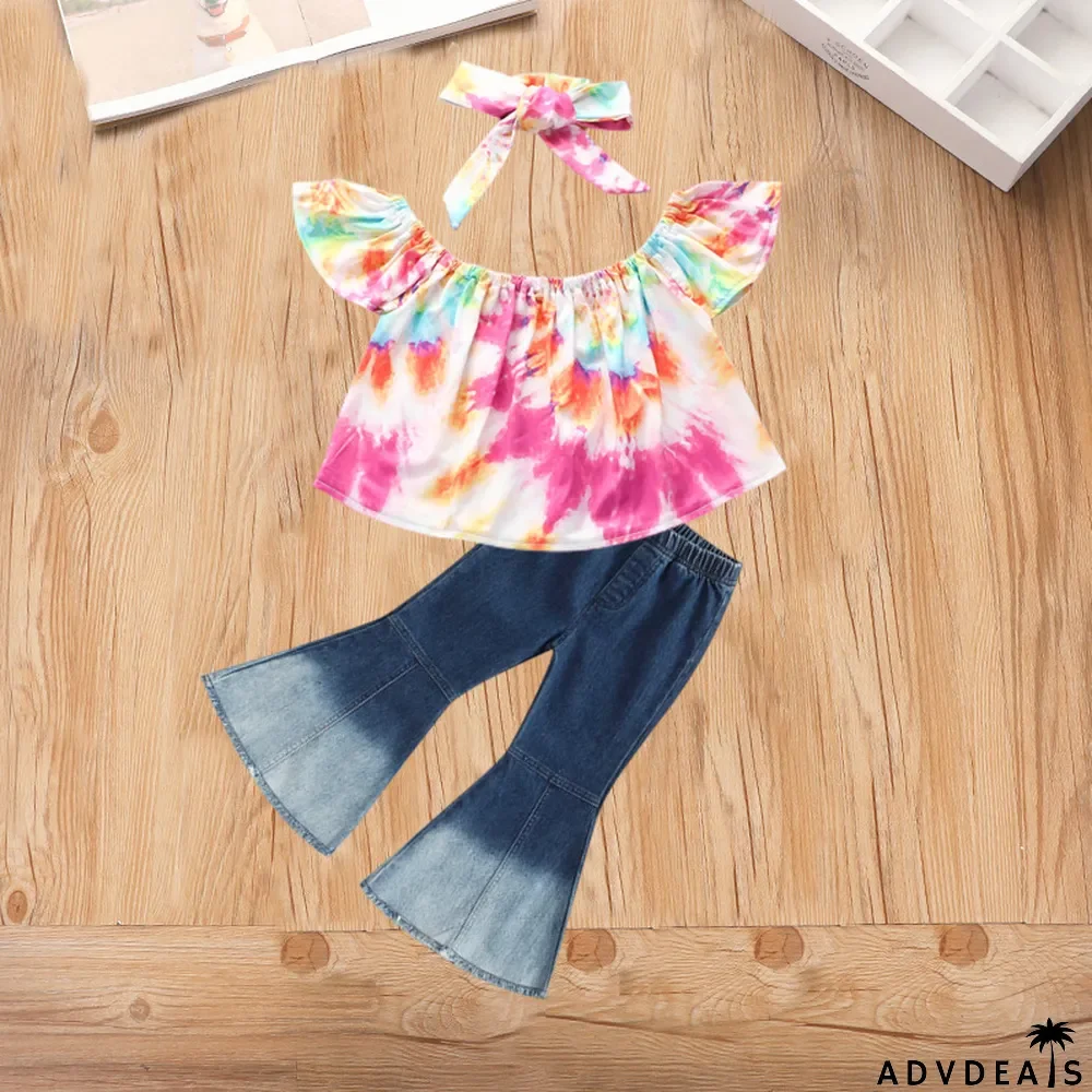 Kids Girl Tie Dye Top+Jeans Flare Pants+Headband 3 Piece Sets