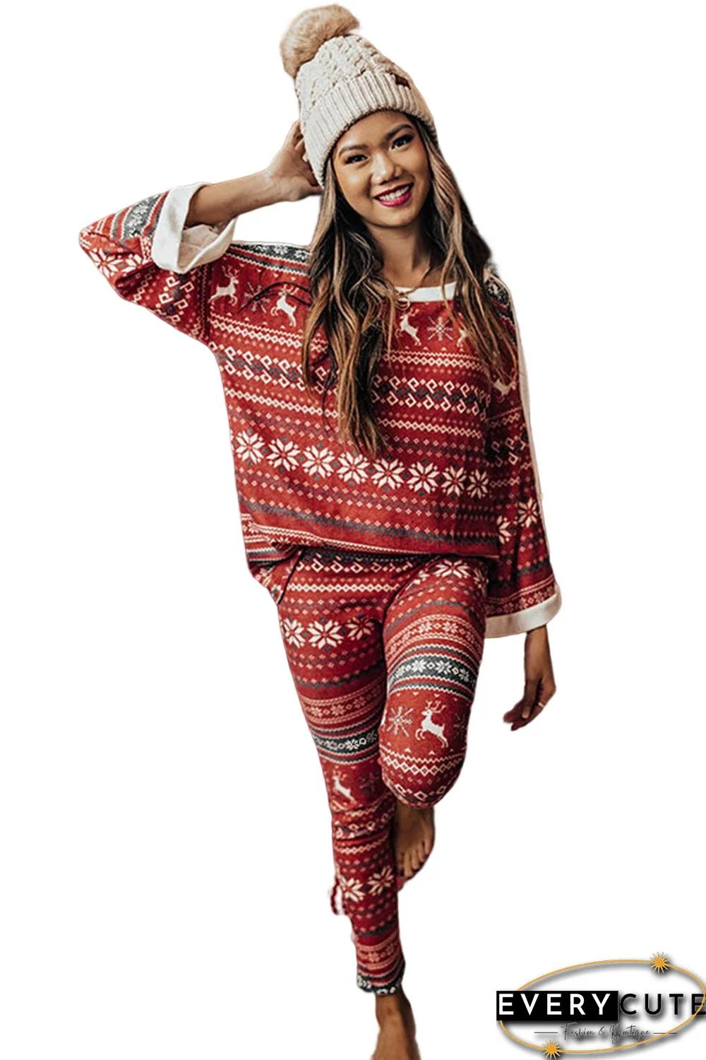 Red Reindeer Geometric Print Top and Skinny Pants Lounge Set