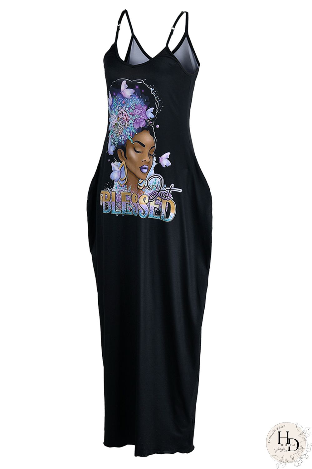 Black Purple Sexy Casual Print Backless Spaghetti Strap Long Dress