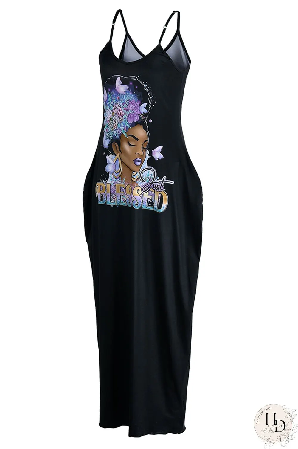 Black Purple Sexy Casual Print Backless Spaghetti Strap Long Dress