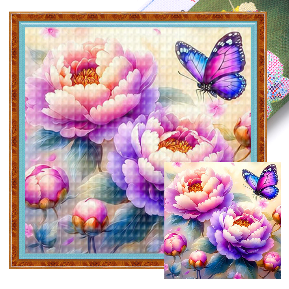 Peony butterfly Full 11CT Pre-stamped Canvas(50*50cm) Cross Stitch