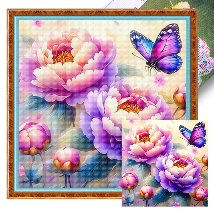 【Mona Lisa Brand-Cotton】Peony Butterfly (50*50cm) 11CT Stamped Cross Stitch gbfke