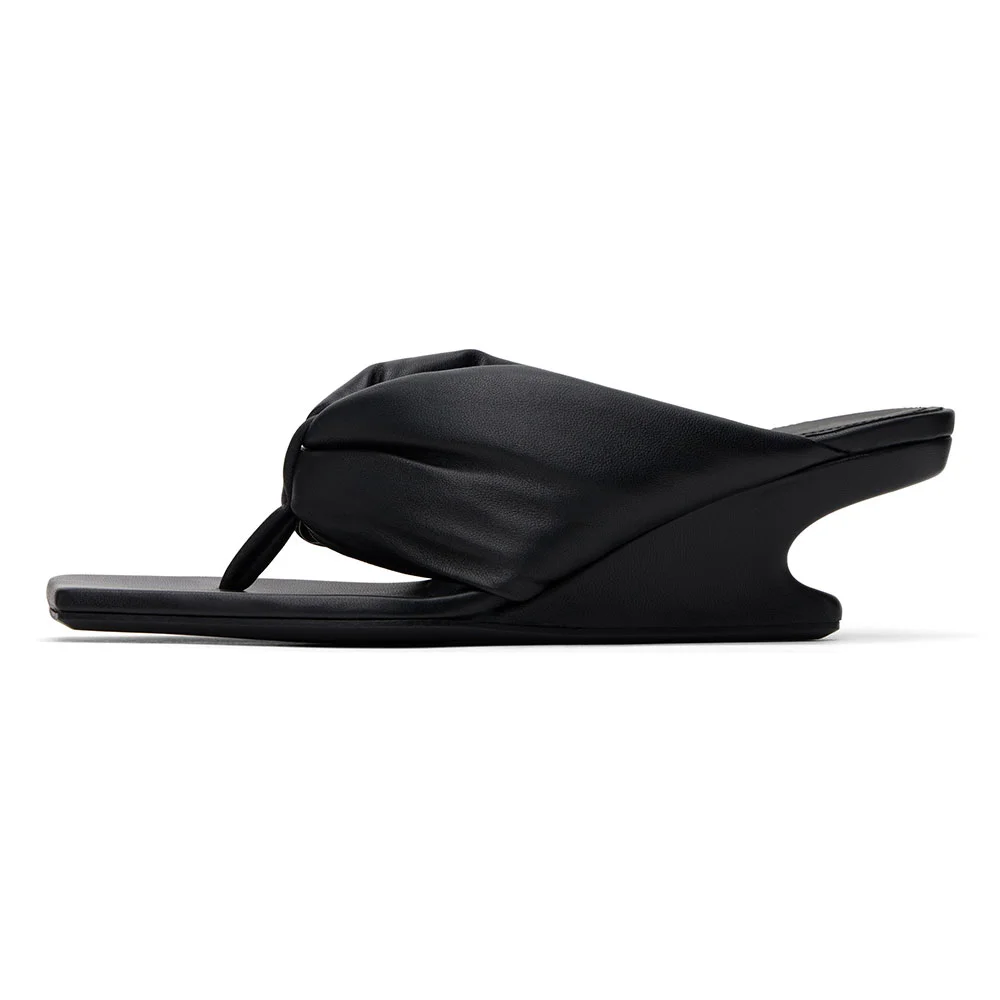 Square Toe Flip Flop Slip On Wedge Heel Black Sandals for Women