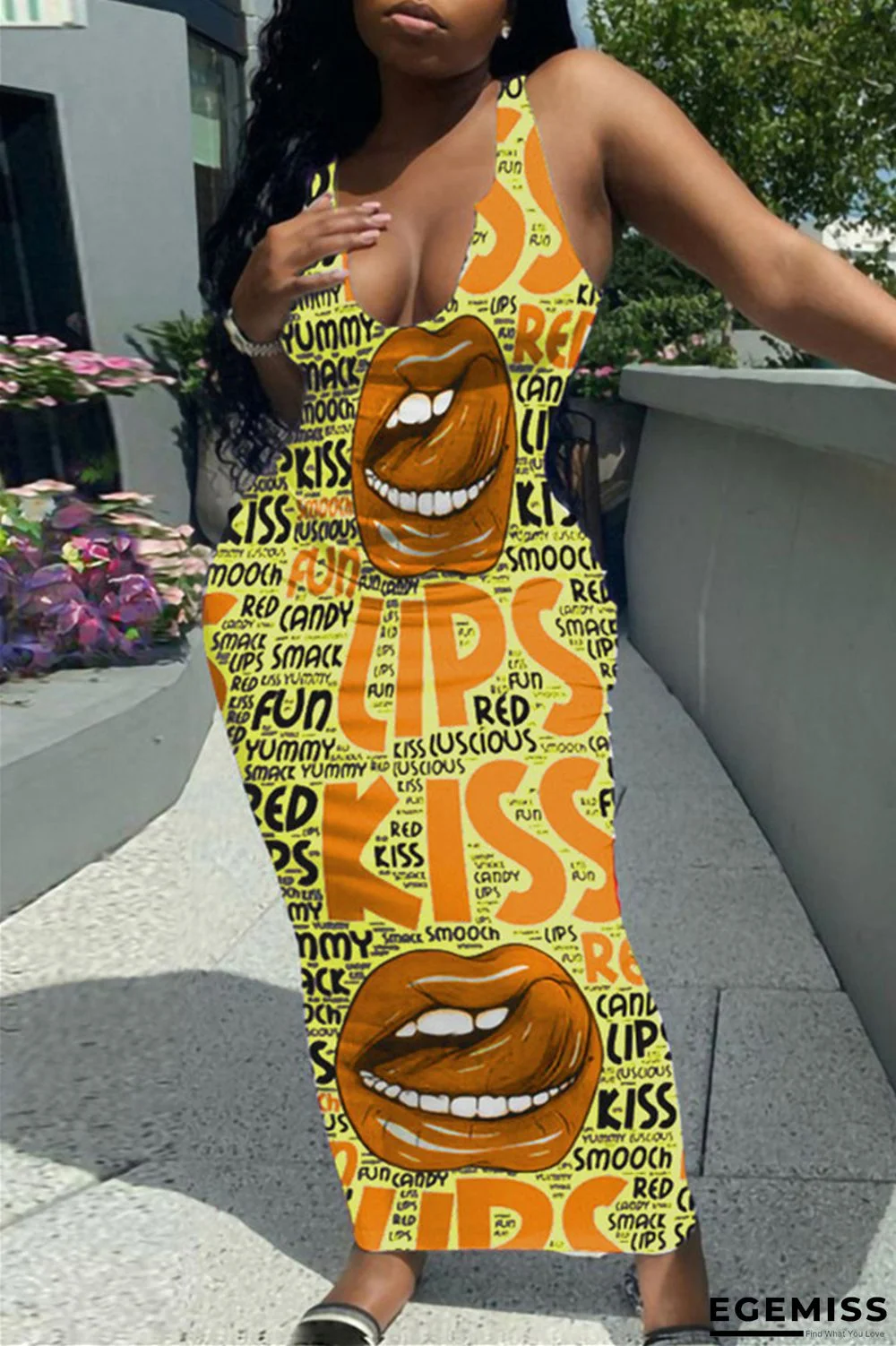 Yellow Fashion Sexy Print Basic U Neck Vest Dress | EGEMISS