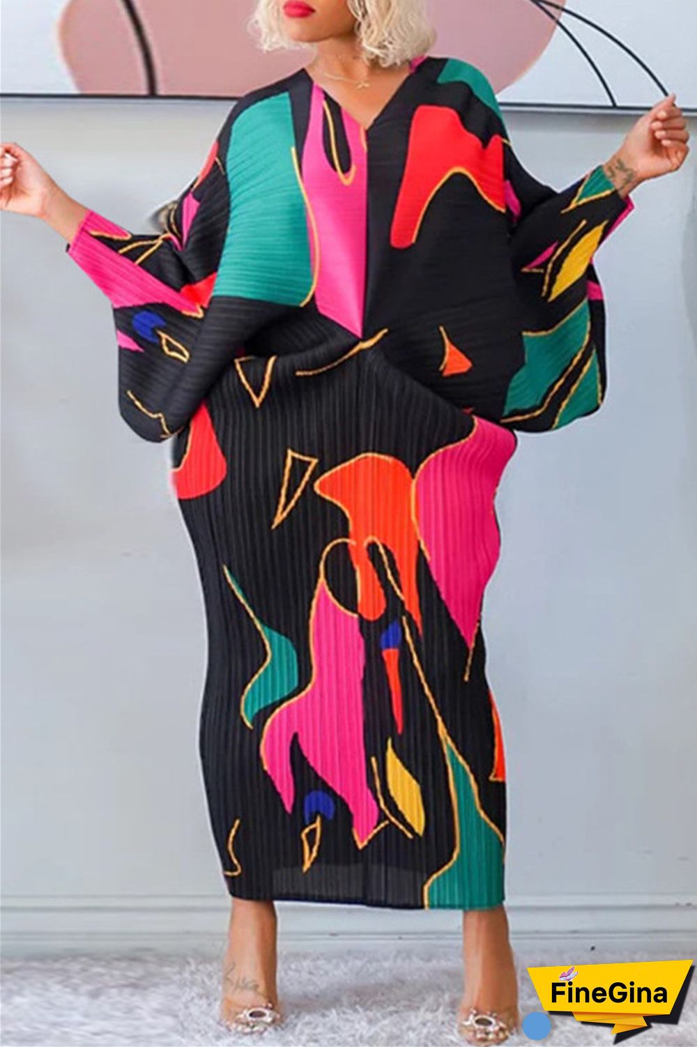 Pink Purple Casual Print Patchwork V Neck Pencil Skirt Plus Size Dresses