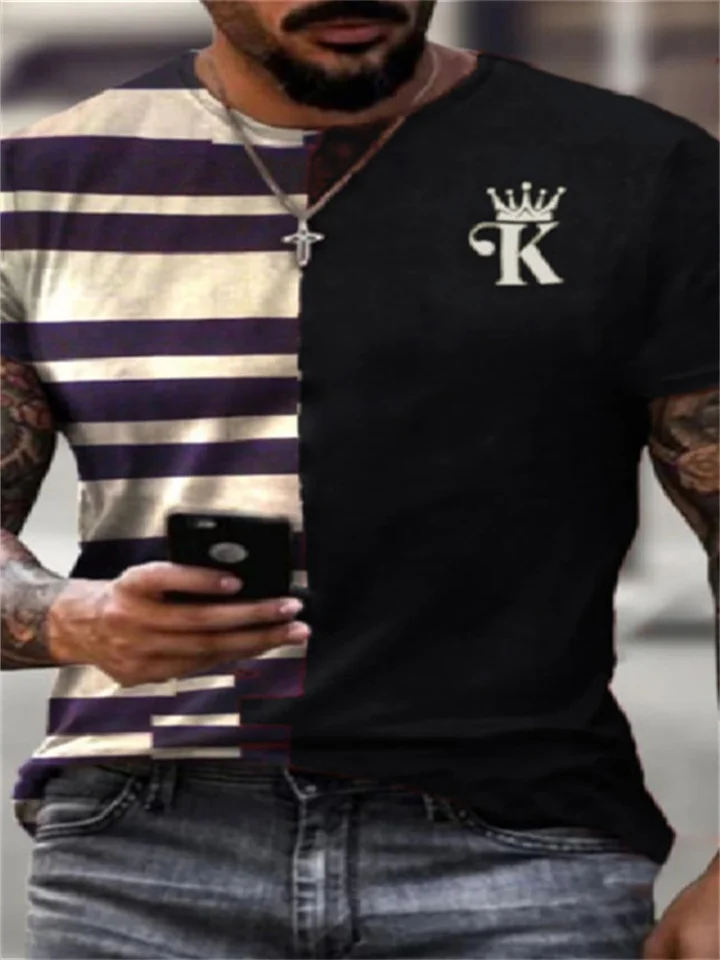 Fashion Summer New Splicing Stripes KING Print Men's Street Trend Short-sleeved Comfortable Tops