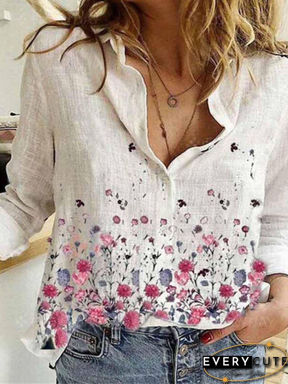 Vintage Plus Size Long Sleeve Statement Floral Printed Casual Shirt Tops
