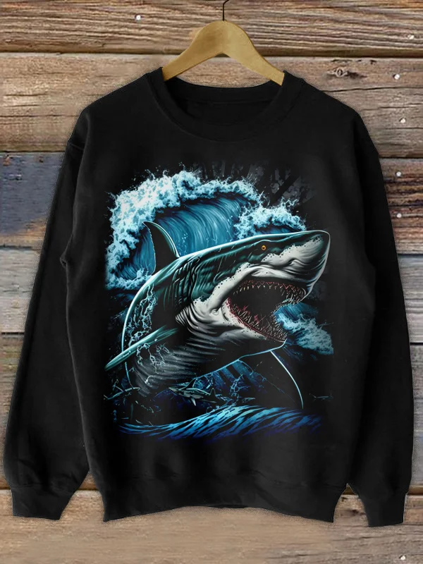 Men's Scary Enormous Shark Graphic Sea Wave Print Sweatshirt