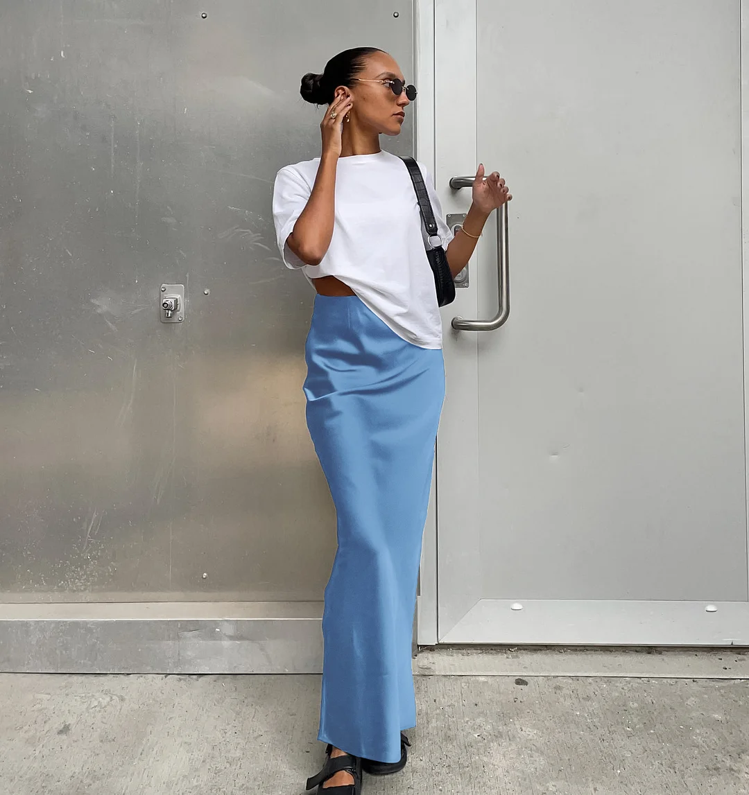 Uveng Uveng And Summer New Simulation Silk Skirt Satin Bread Hip Skirt Women Casual Color Tintail Skirt