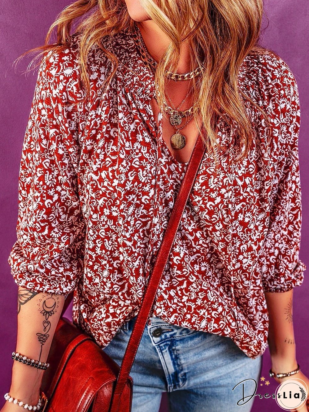 Burgundy Flower Print Neck Tie Blouse