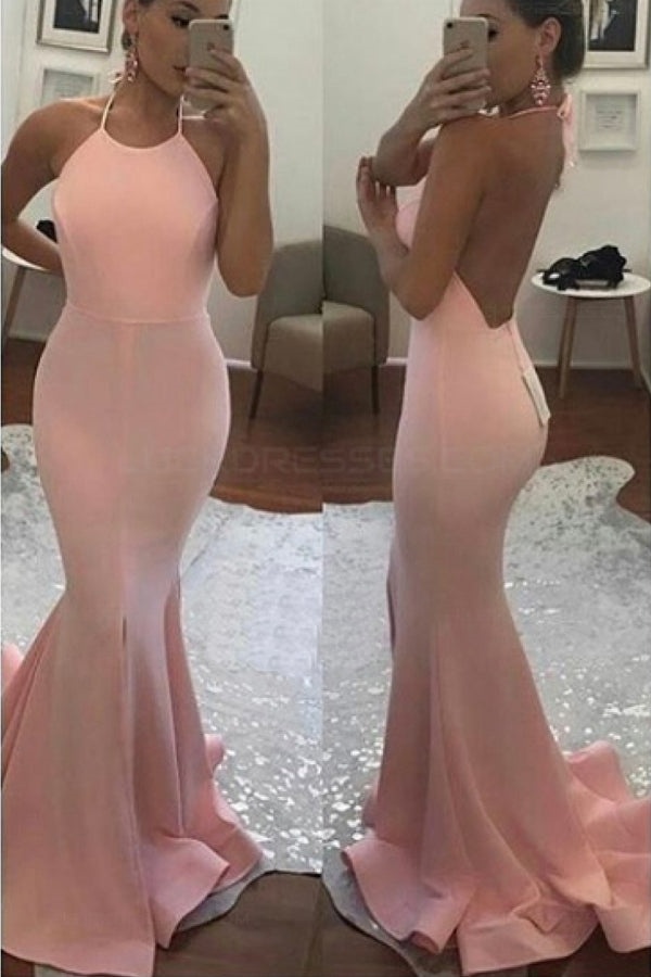 Ovlias Classy Pink Halter Backless Sheath Mermaid Formal Evening Dress LY0593