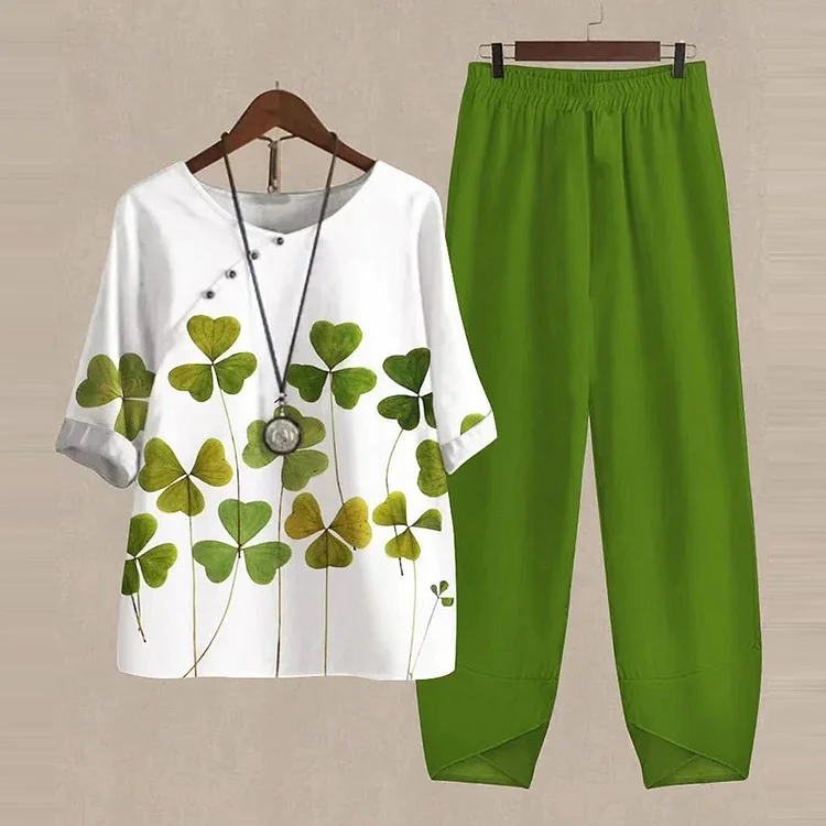 Casual Trefoil Print Crew Neck Two-Piece Set