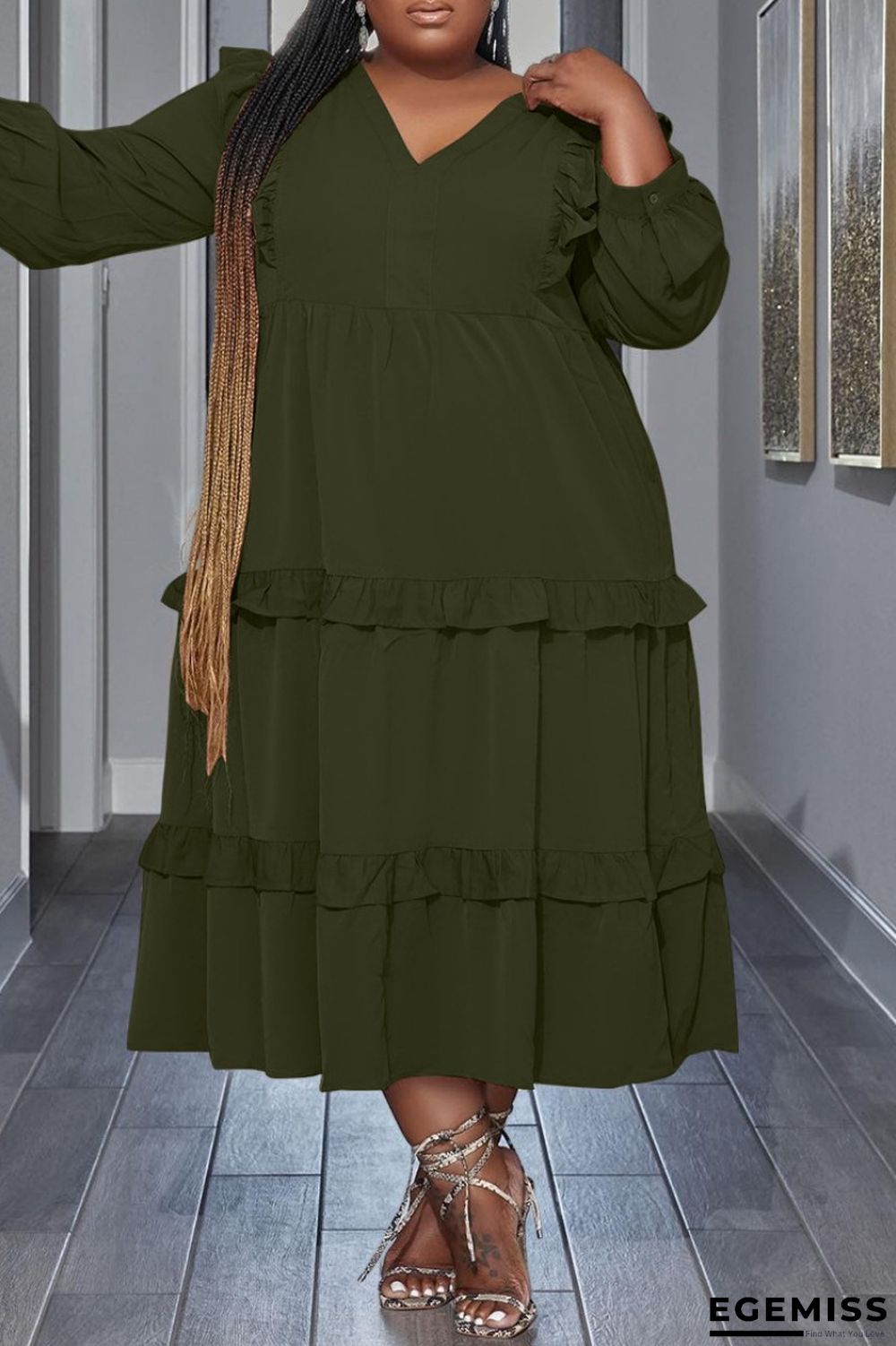 Army Green Casual Solid Patchwork V Neck Long Sleeve Plus Size Dresses | EGEMISS