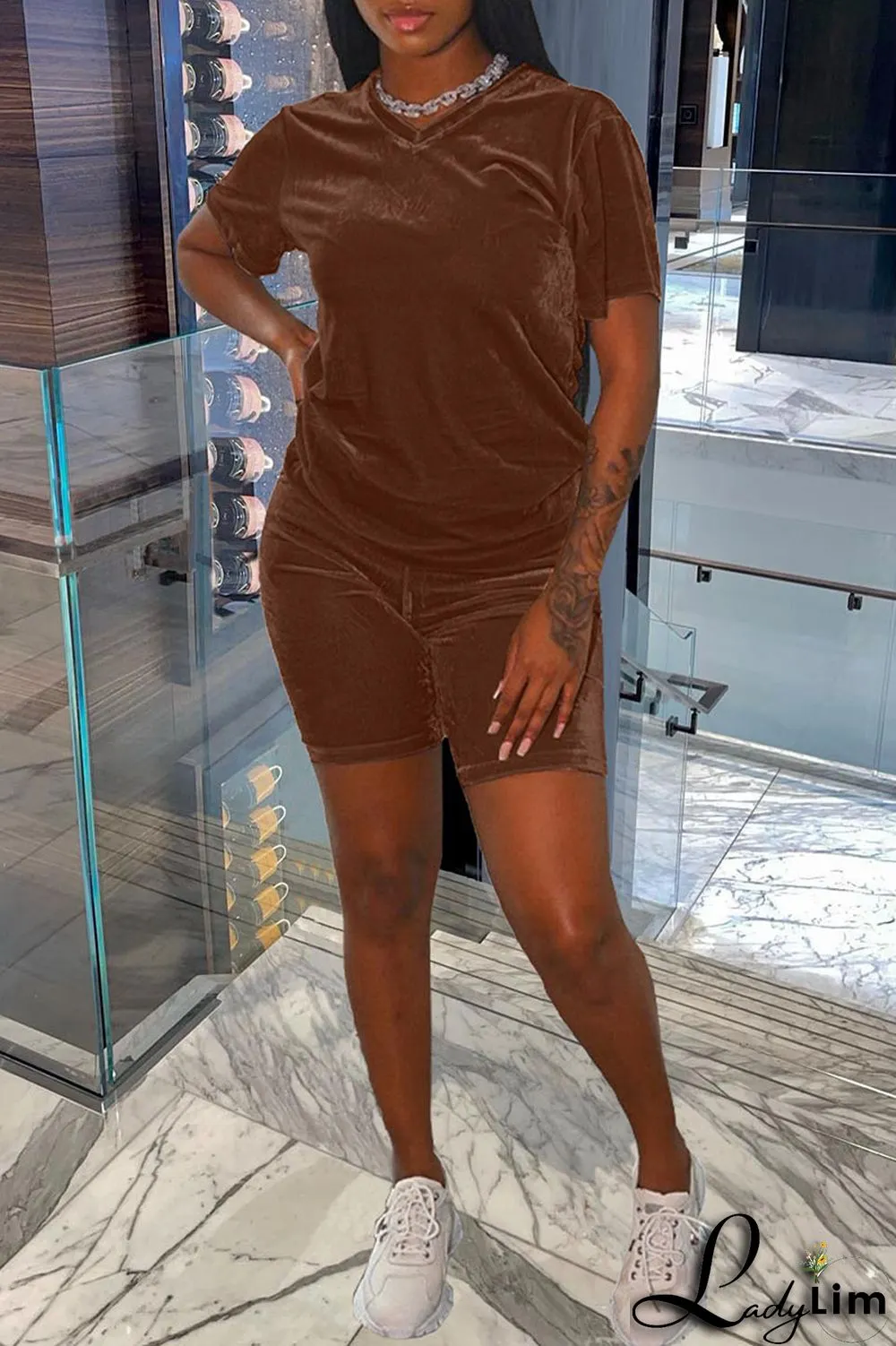 Champagne Casual Solid Split Joint V Neck Short Sleeve Two Pieces