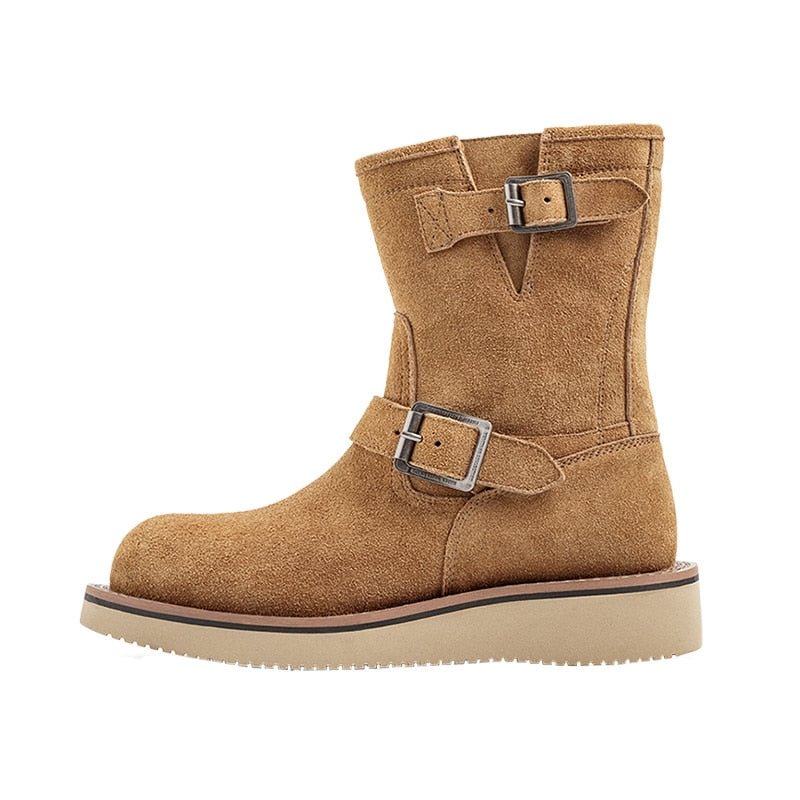 Maden Men Cow Suede Snow Boots Retro American Engineer Boots Mid-barrel Motorcycle Boots Flat Sole Solid Warm Soft Martin Boots