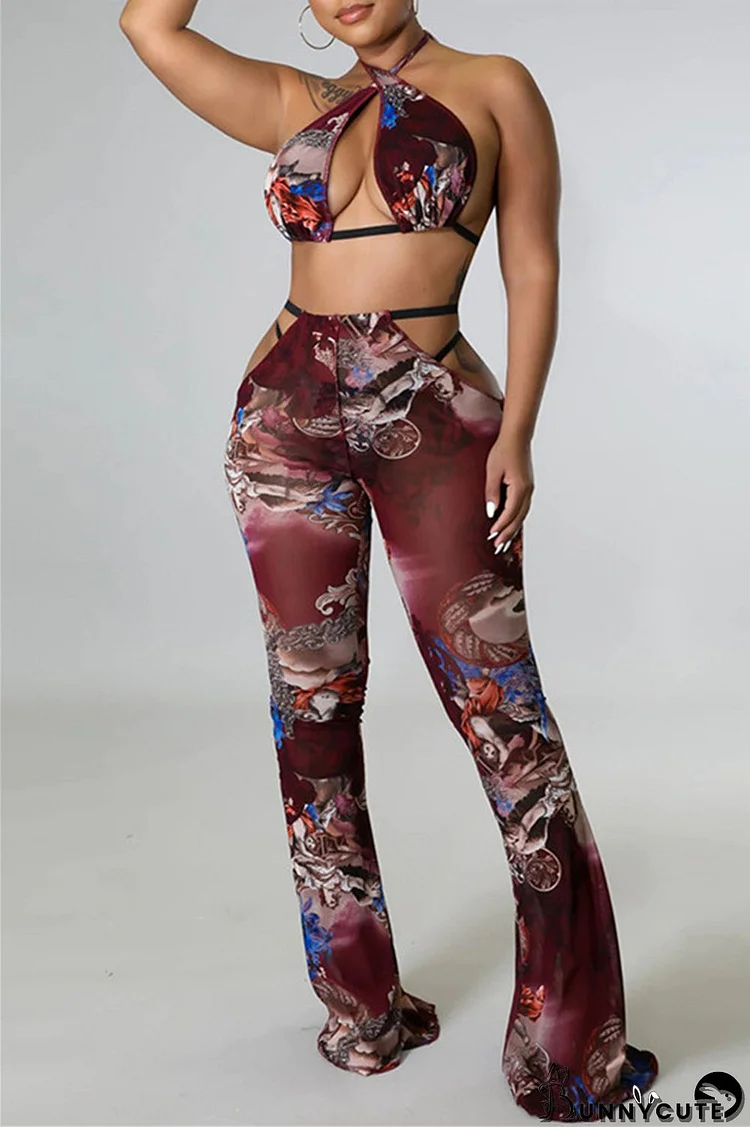 Burgundy Fashion Sexy Print Bandage Backless Halter Sleeveless Three-piece Set