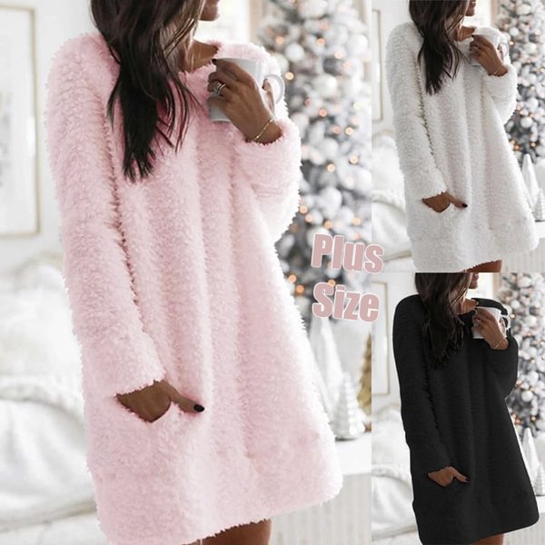 Women's Fashion Winter Plush Dress Solid Color Round Neck Warm Coats Loose Hoodies Casual Long Sleeve Sweater Dress - BlackFridayBuys