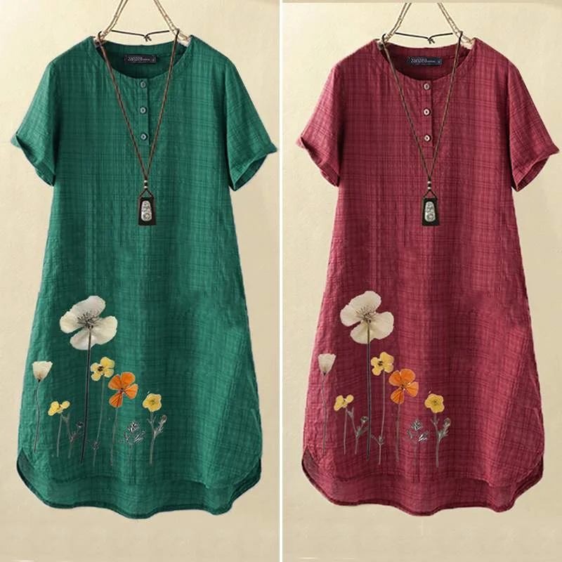 ZANZEA Summer Floral Printed Dress Women Vintage Plaid Checked Short Sleeve Sundress Casual Beach Vestido  Kaftan