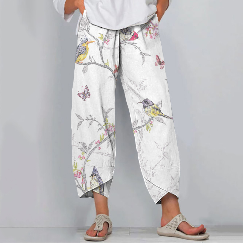 Comstylish Retro Bird In Tree Print Loose Casual Pants