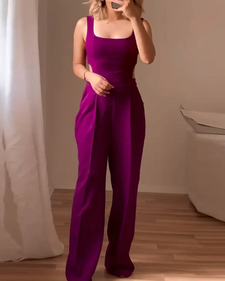 Sleeveless solid color hollow jumpsuit