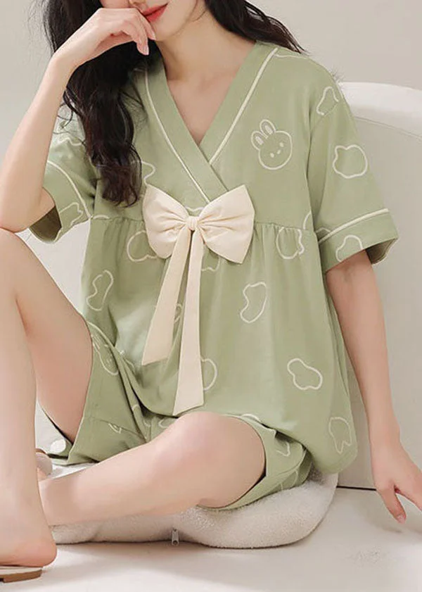 Green Print Patchwork Cotton Pajamas Women Sets 2 Pieces  Bow Summer