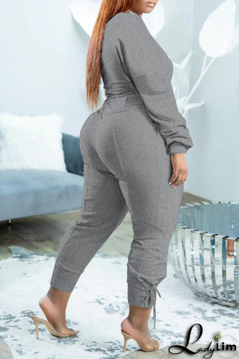 Blue Fashion Solid Draw String U Neck Long Sleeve Two Pieces