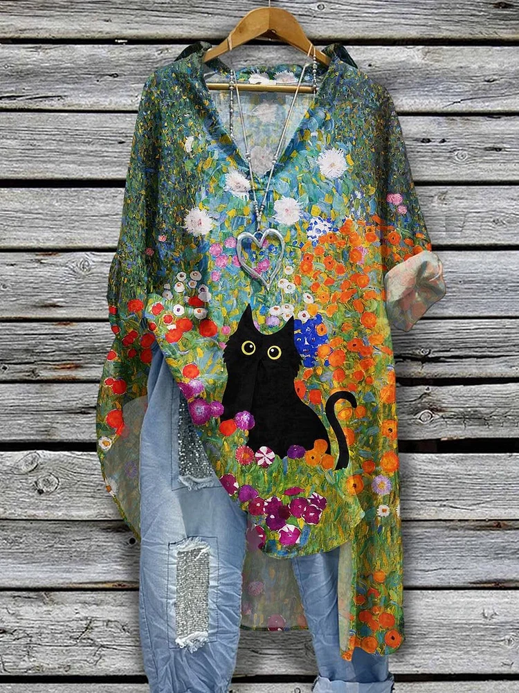 Women's Vintage Black Cat Flower Pattern Print Casual Cotton And Linen Shirtdress