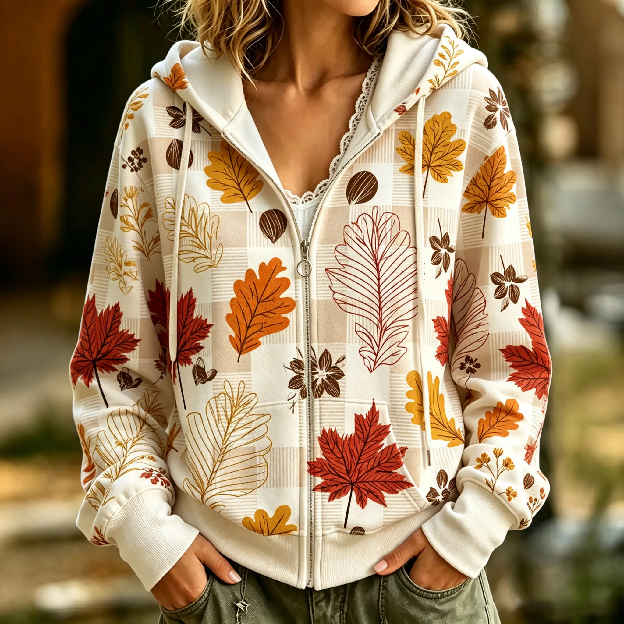 Comstylish Women's Retro Floral Plaid Print Zip-up Hooded Sweatshirt