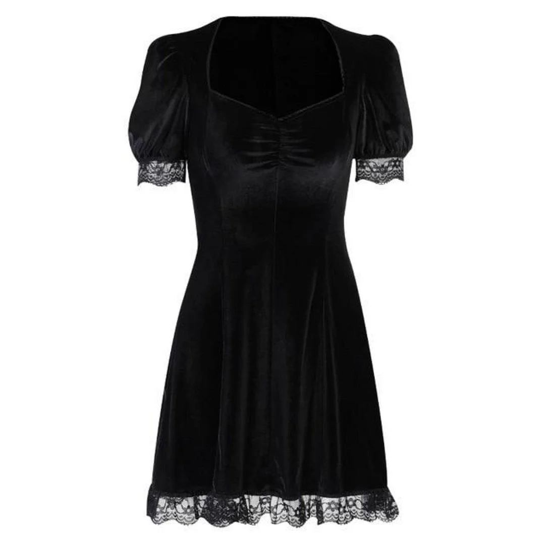 Gothic A-line Velvet Lace Mini Dress in Black