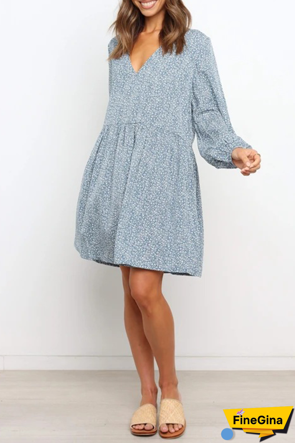 Fashion Elegant Print Split Joint V Neck A Line Dresses