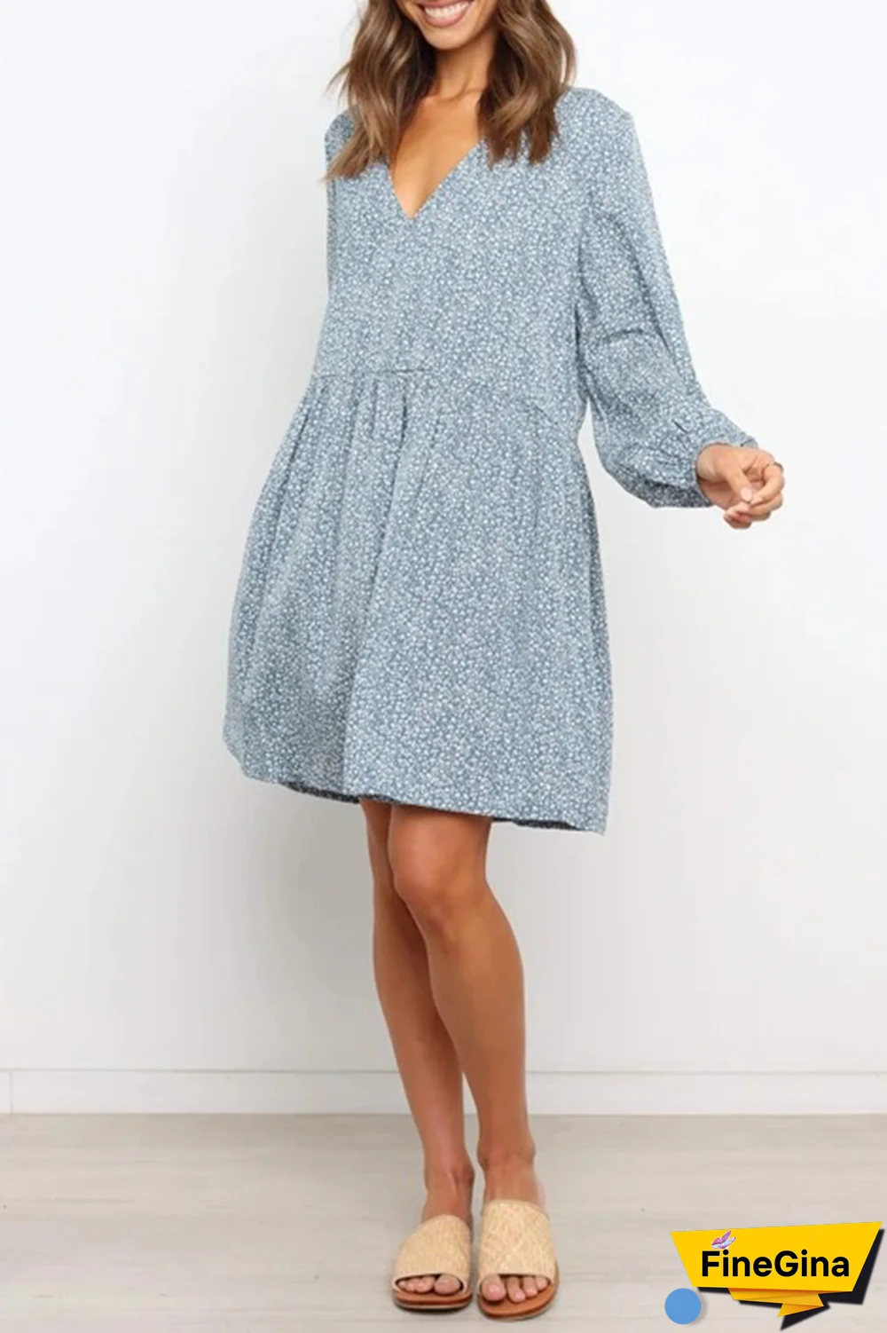 Fashion Elegant Print Split Joint V Neck A Line Dresses